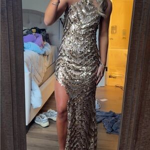 Elliatt One Shoulder Gold Sequin Dress Gown
